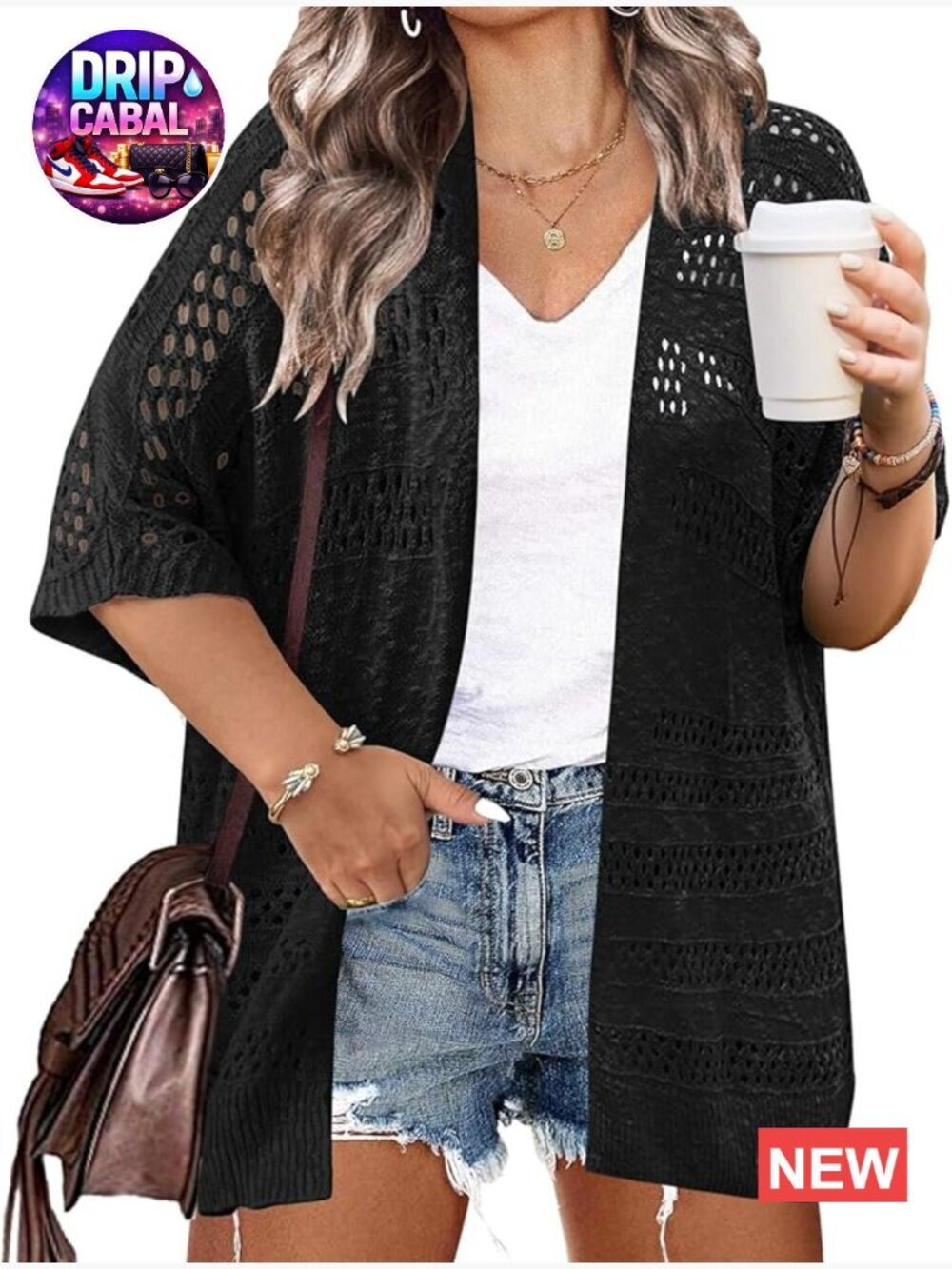 Plus Size Lightweight Crochet Cardigan Short Sleeve Boho Open Front Knitted
